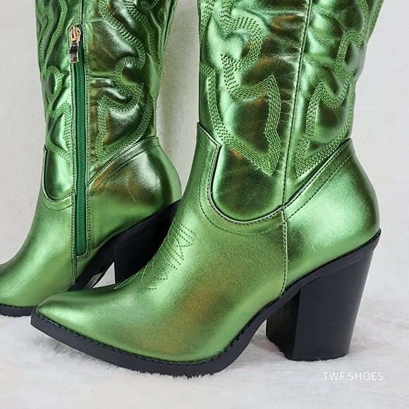 Electric Cowboy Brush Metallic Matte Western Knee High Cowgirl Boots Green - Picture 3 of 11